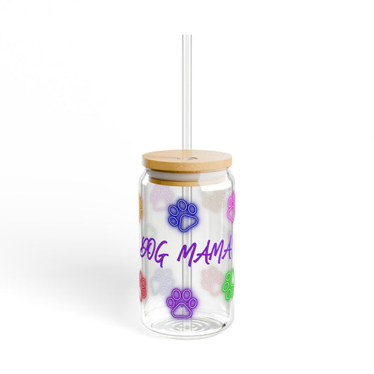 Dog Mama Sipper Glass, 16oz | Personalized Pet Lover Cup, Fun Colorful Paw Print Drinkware, Unique Gift for Dog Owners, Perfect for Dog Moms