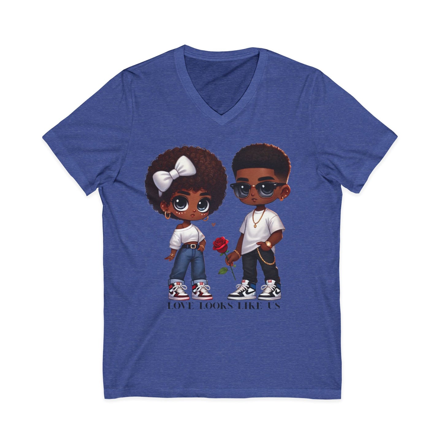 Love Looks Like Us V-Neck Tee — Cute Couple Cartoon Black Love Shirt