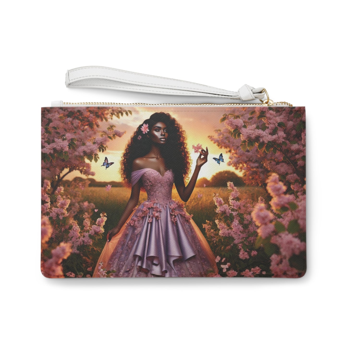 Black Princess in Pink Gown Clutch Bag | Floral Sunset, Butterfly Art