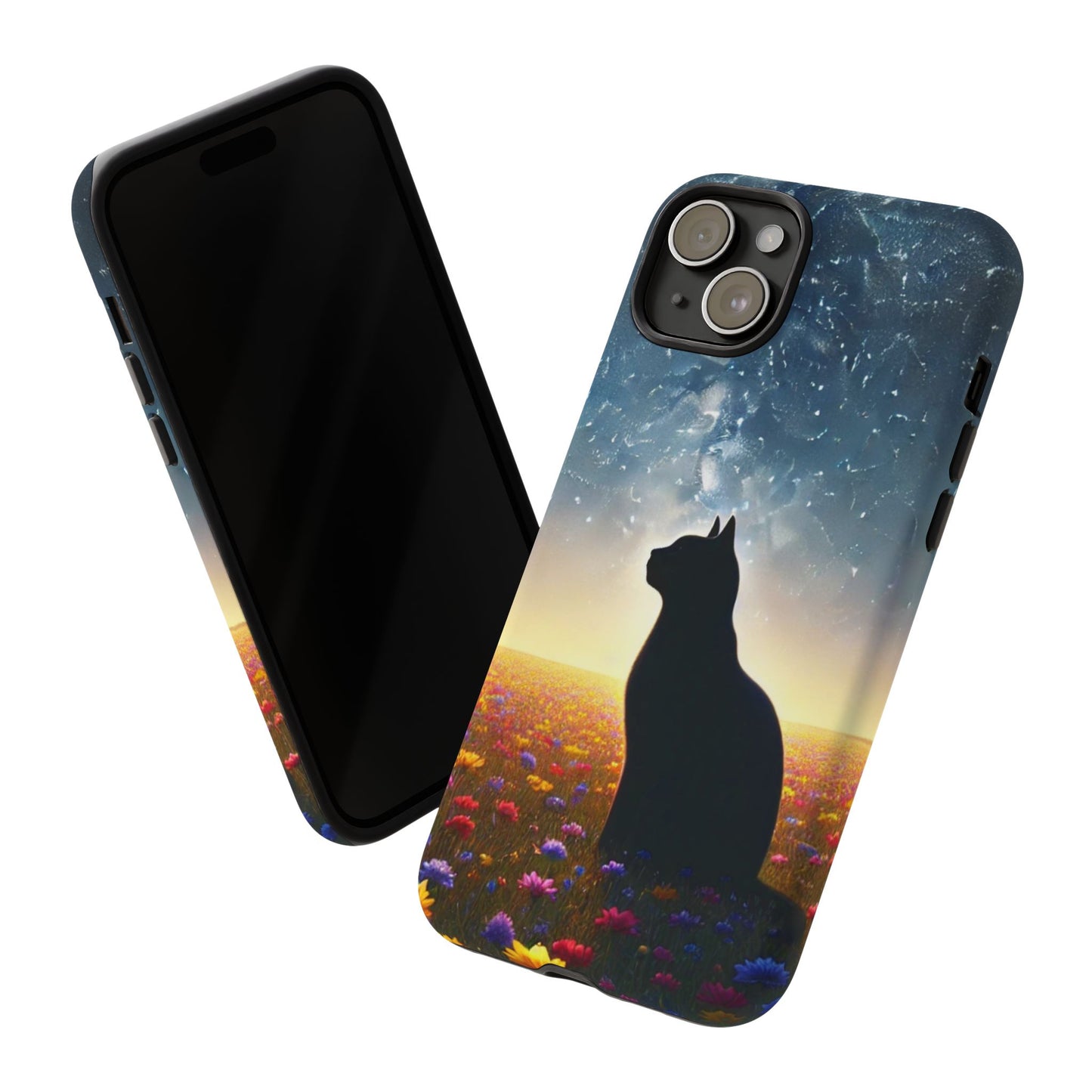 Cat Silhouette Phone Case | Floral Night Sky Design | Unique Gift, Cat Lover, Nature Lover, Birthday, Handmade