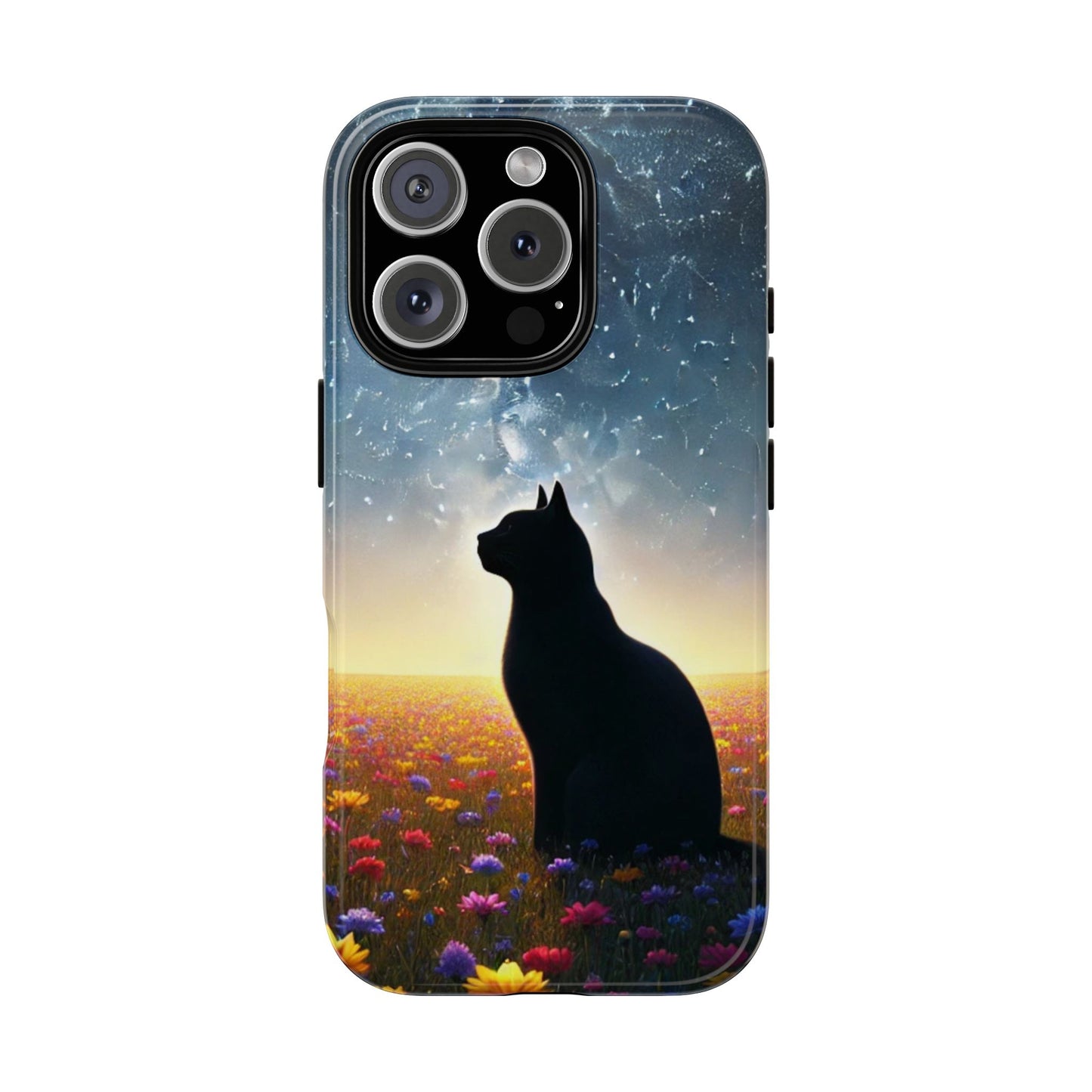 Cat Silhouette Phone Case | Floral Night Sky Design | Unique Gift, Cat Lover, Nature Lover, Birthday, Handmade