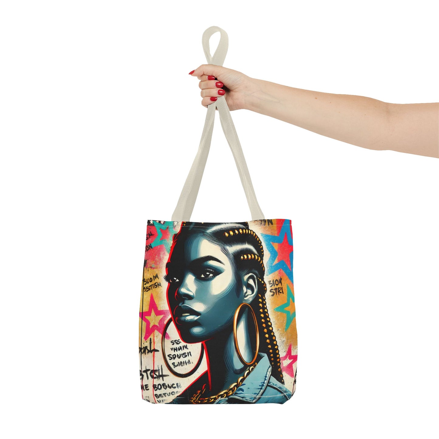 Braided Woman Portrait Tote Bag | Urban Graffiti Art, Colorful Star Background