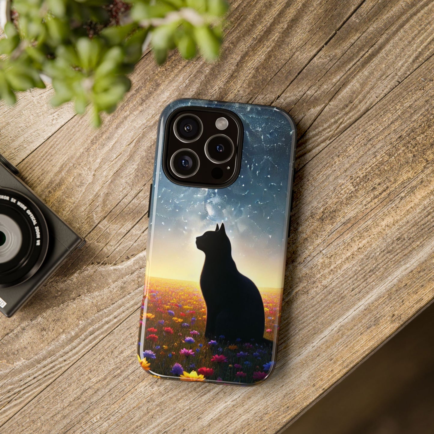 Cat Silhouette Phone Case | Floral Night Sky Design | Unique Gift, Cat Lover, Nature Lover, Birthday, Handmade