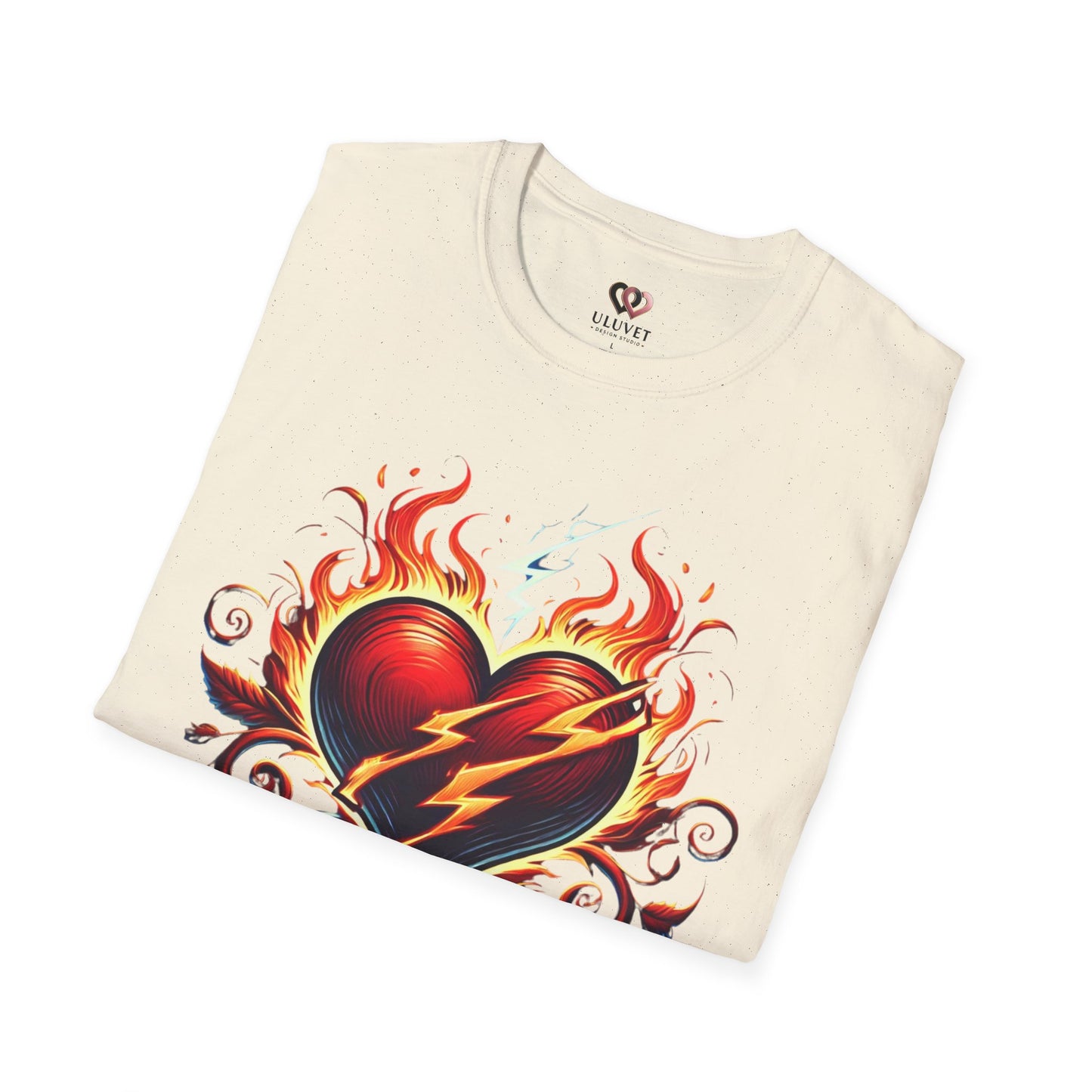 Flaming Heart Unisex Softstyle T-Shirt – Vintage Rock Tee, Gift for Him, Graphic Shirt, Festival Outfit, Casual Wear