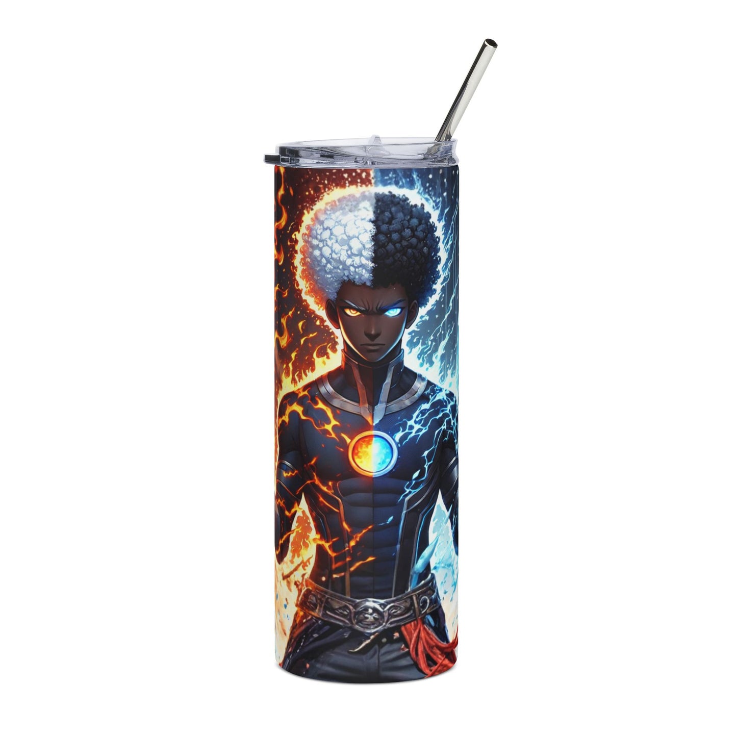 20oz Stainless Tumbler — Elemental Afro Warrior Design (Fire & Ice)