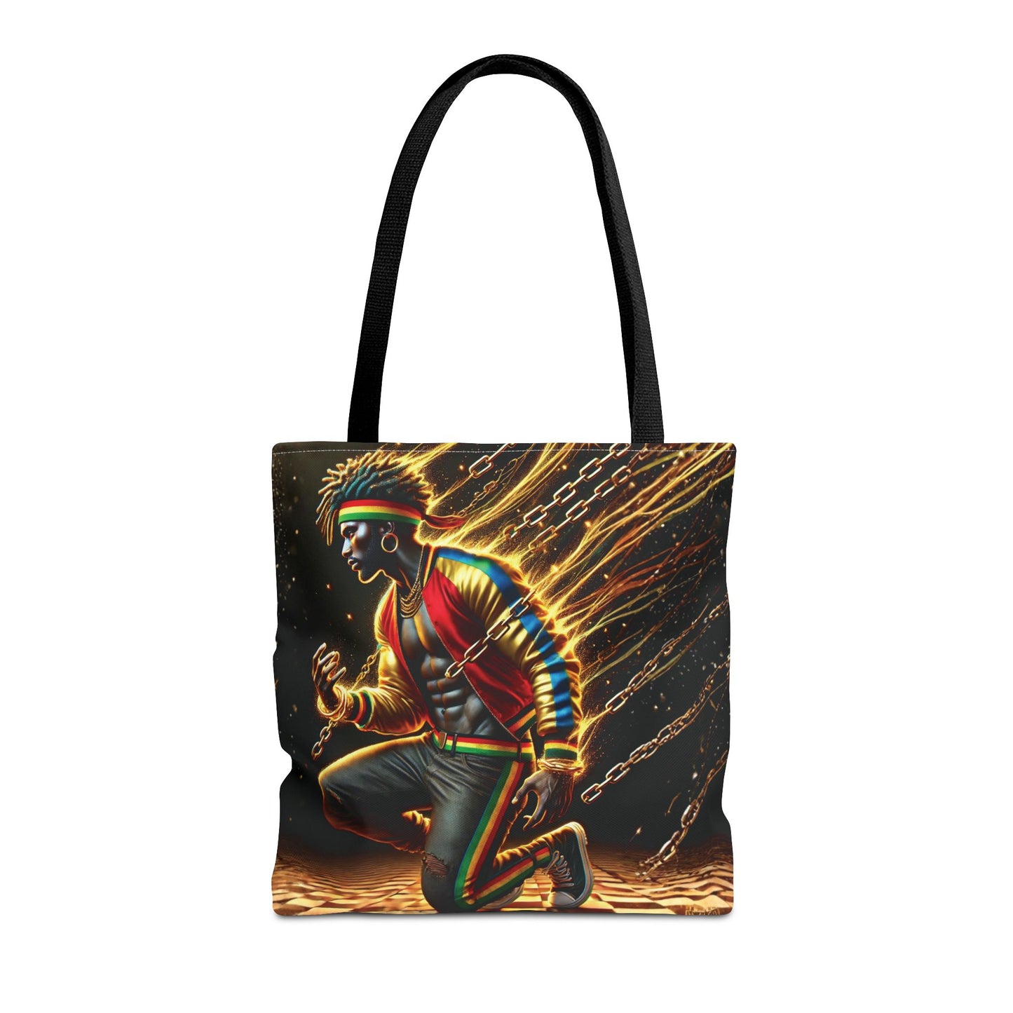 Kneeling Figure with Chains Tote Bag | Neon Retro Street Art