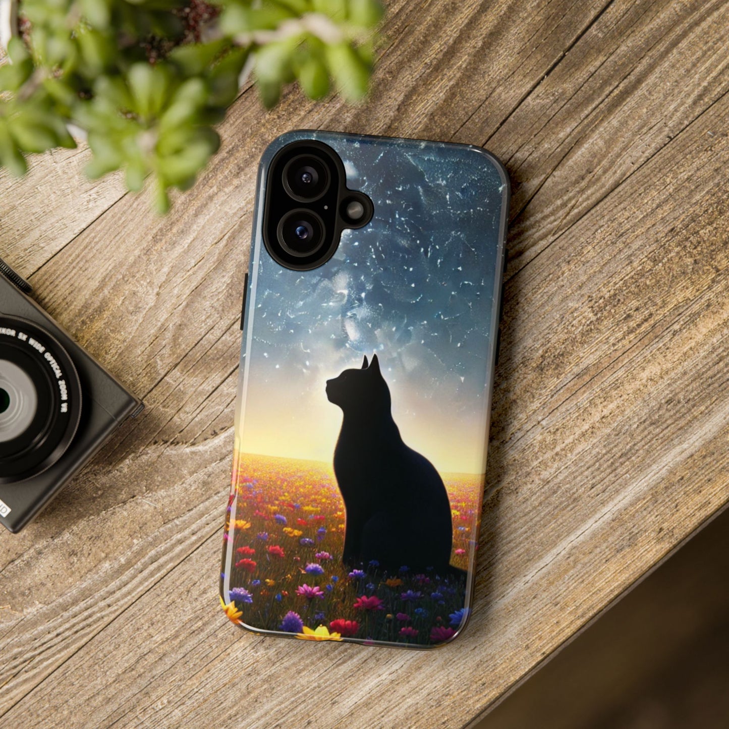 Cat Silhouette Phone Case | Floral Night Sky Design | Unique Gift, Cat Lover, Nature Lover, Birthday, Handmade