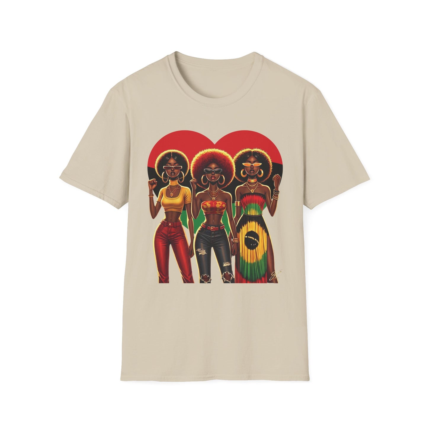 Black Queen Sisters Graphic T-Shirt – Afrocentric Pride, Red-Gold-Green Heart Design