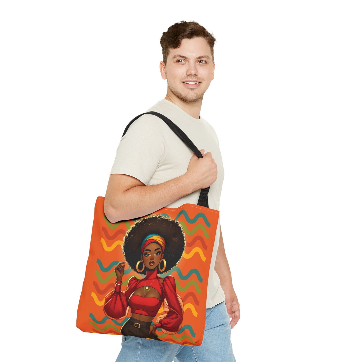 Afro Diva Fashion Tote Bag — Bold Retro Orange Art Print