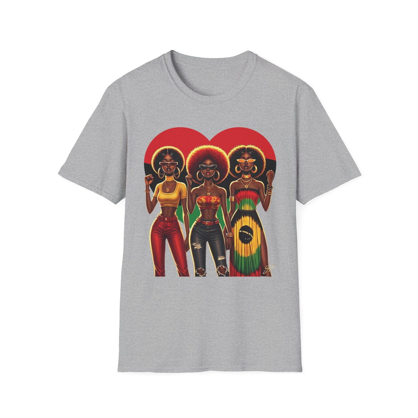 Black Queen Sisters Graphic T-Shirt – Afrocentric Pride, Red-Gold-Green Heart Design