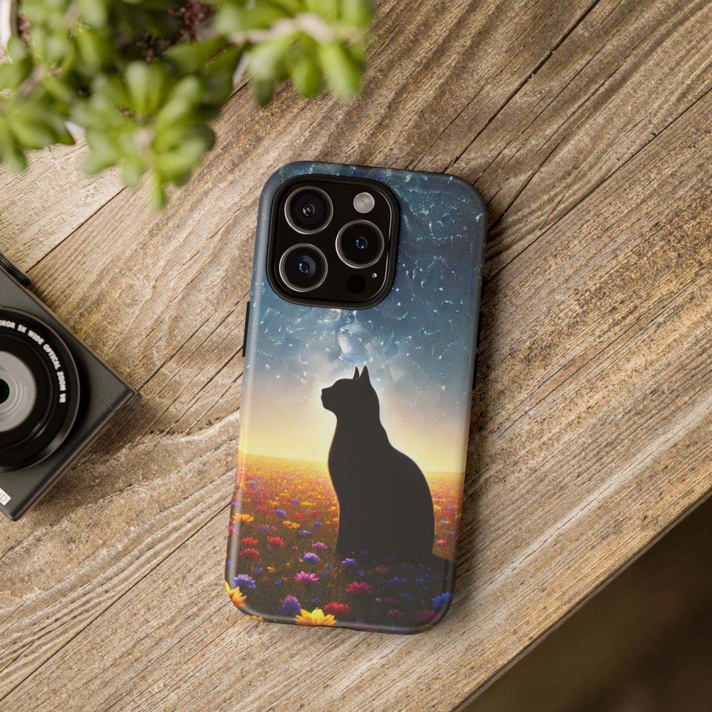 Cat Silhouette Phone Case | Floral Night Sky Design | Unique Gift, Cat Lover, Nature Lover, Birthday, Handmade