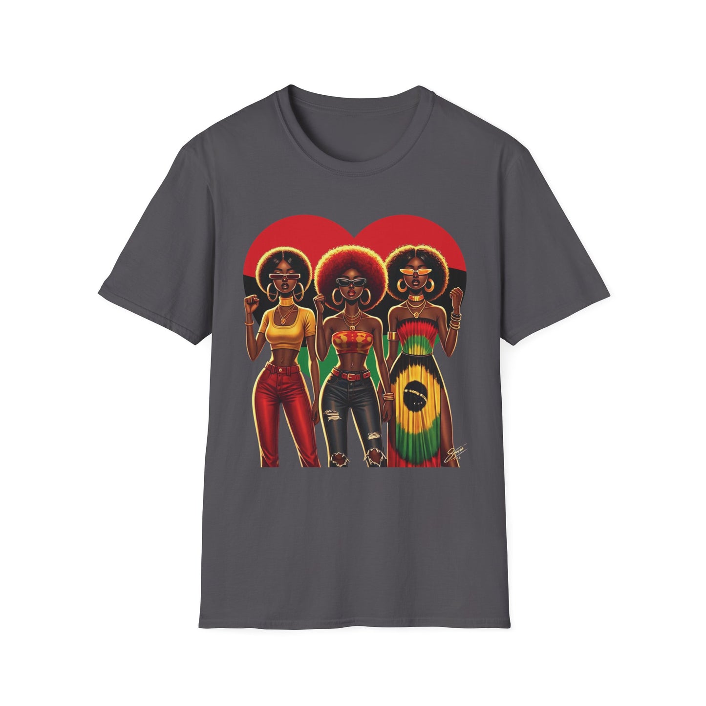Black Queen Sisters Graphic T-Shirt – Afrocentric Pride, Red-Gold-Green Heart Design