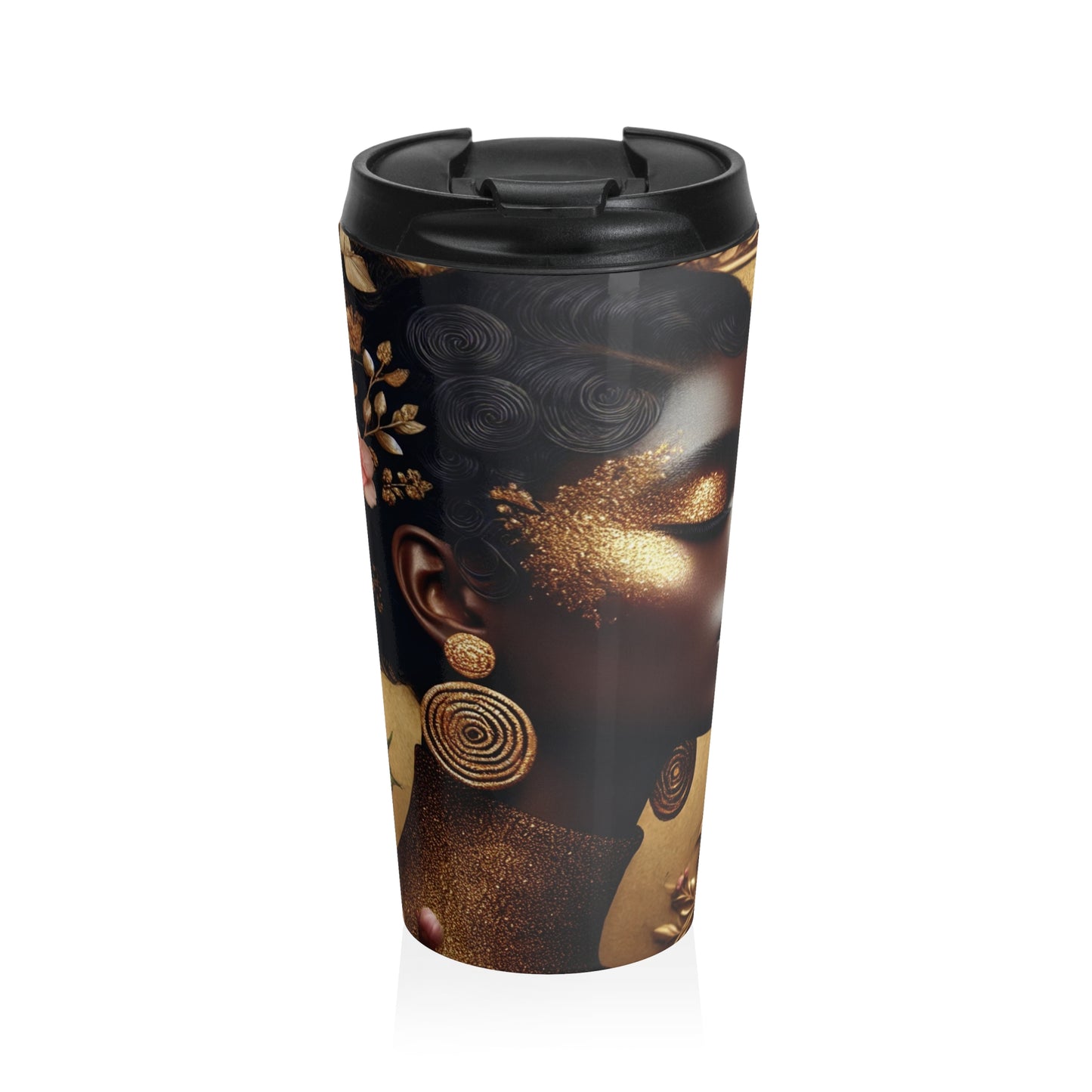 Golden Afro Woman Stainless Steel Travel Mug | Afrocentric Art, Floral Accents