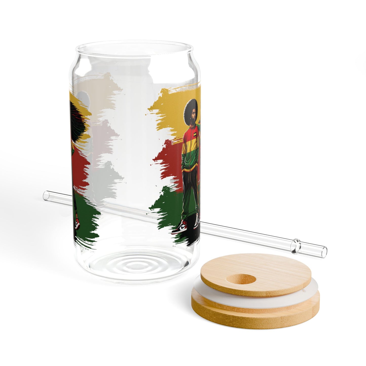 Afrocentric Rasta 16oz Sipper Glass – Bamboo Lid & Straw