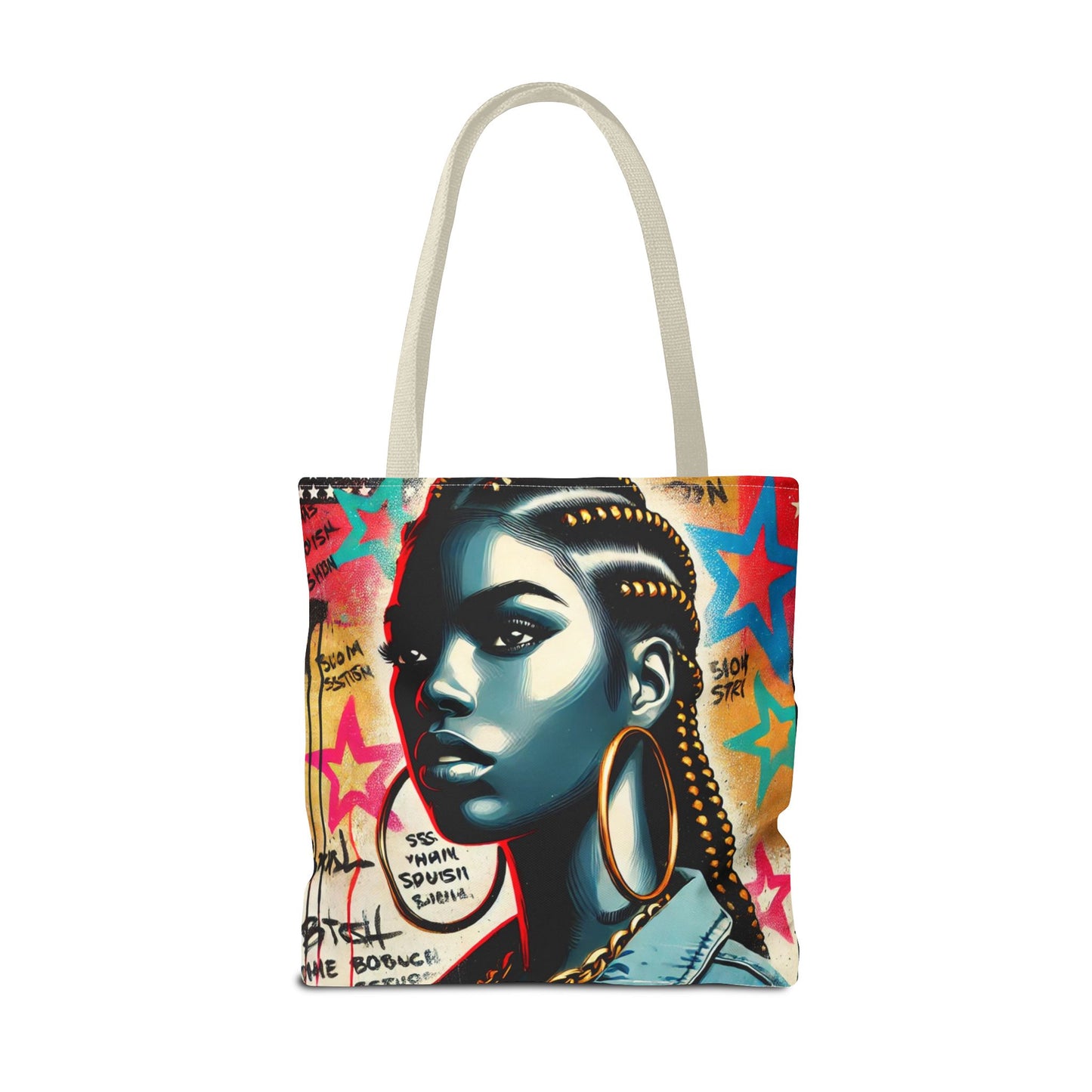 Braided Woman Portrait Tote Bag | Urban Graffiti Art, Colorful Star Background