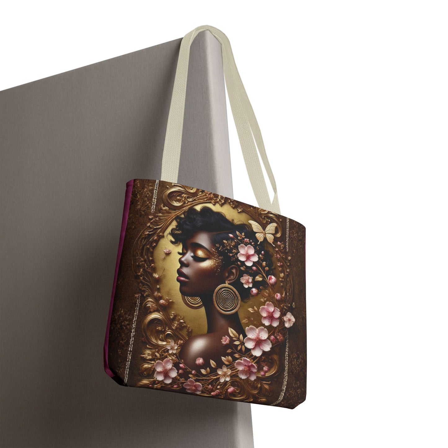Afrocentric Floral Portrait Tote Bag | Vintage Frame, Butterfly Accents