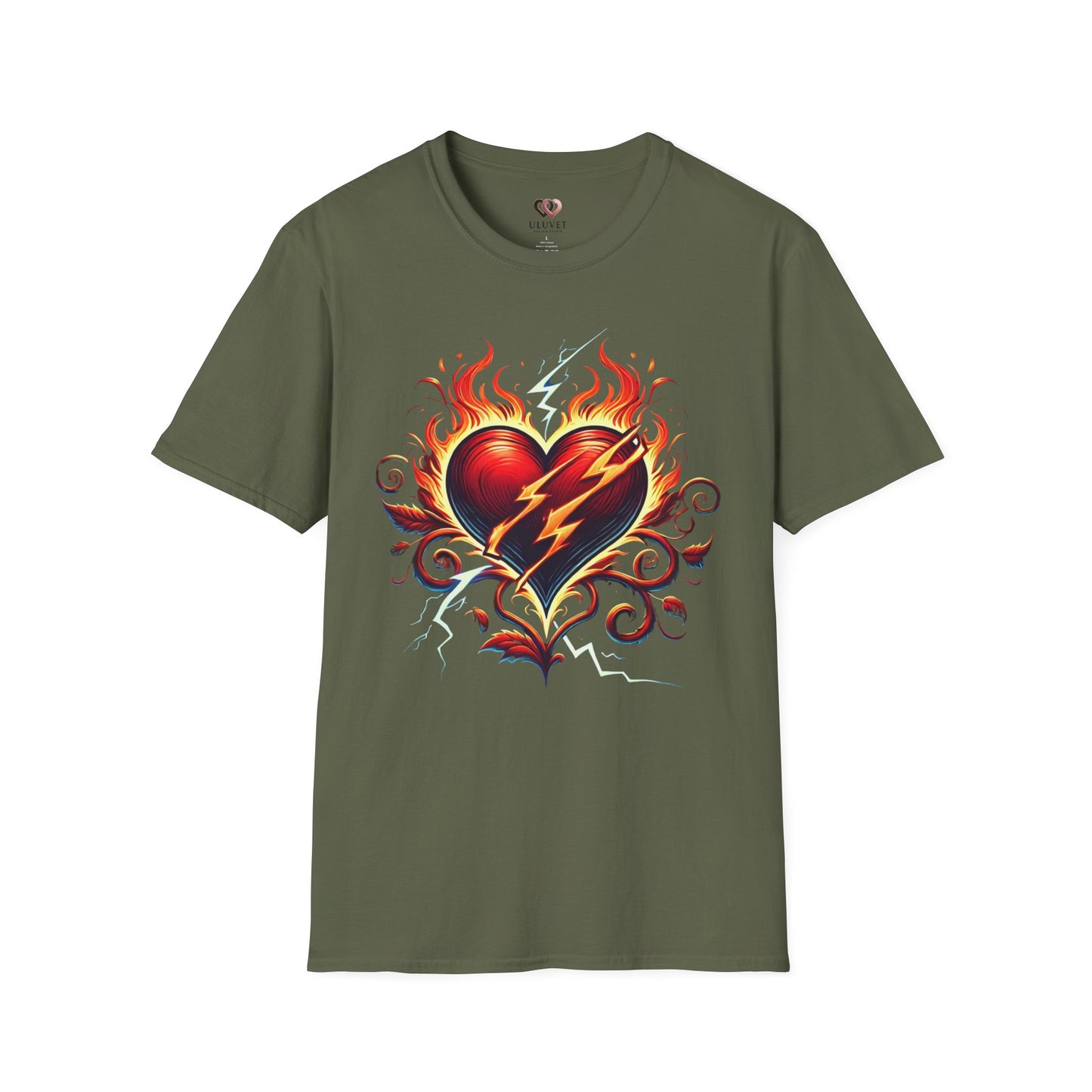 Flaming Heart Unisex Softstyle T-Shirt – Vintage Rock Tee, Gift for Him, Graphic Shirt, Festival Outfit, Casual Wear