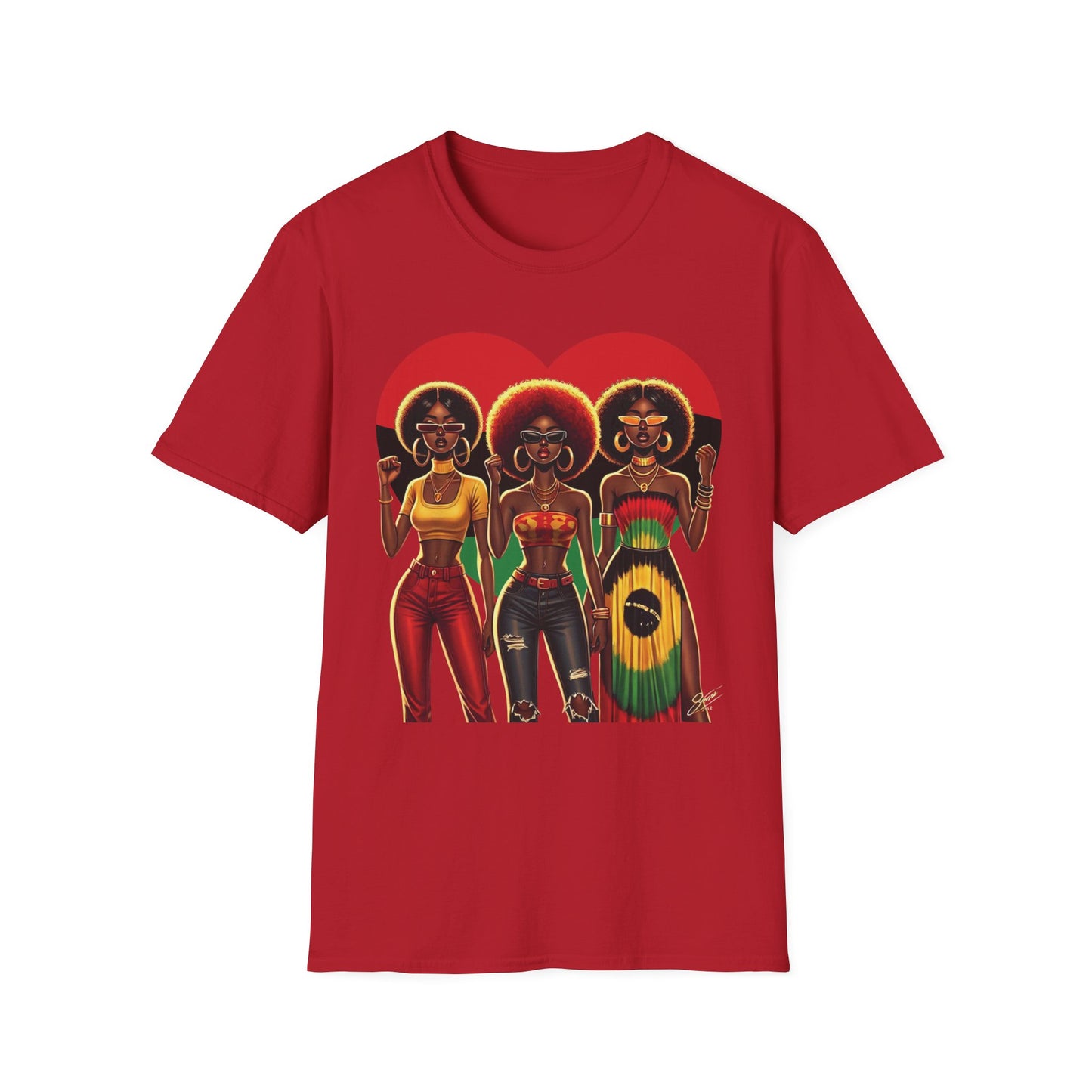 Black Queen Sisters Graphic T-Shirt – Afrocentric Pride, Red-Gold-Green Heart Design