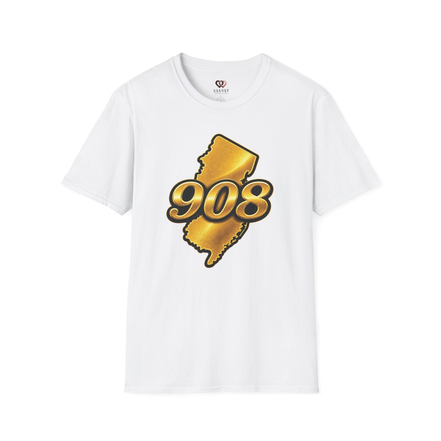908 New Jersey T-Shirt — Gold State Outline Graphic Tee