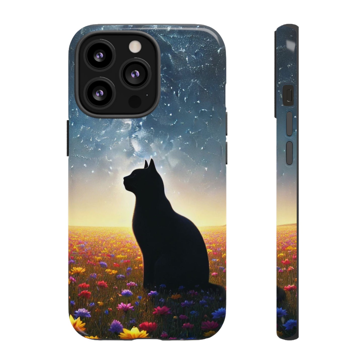 Cat Silhouette Phone Case | Floral Night Sky Design | Unique Gift, Cat Lover, Nature Lover, Birthday, Handmade