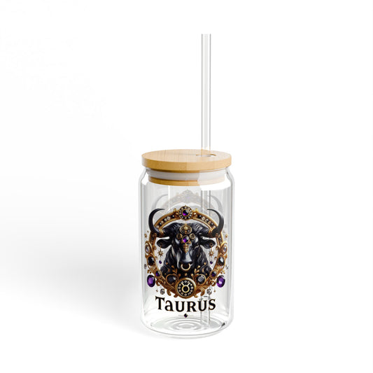 Taurus Sipper Glass, Zodiac Water Bottle, Astrology Gift, 16oz Glass Cup, Horoscope Drinkware, Unique Taurus Present