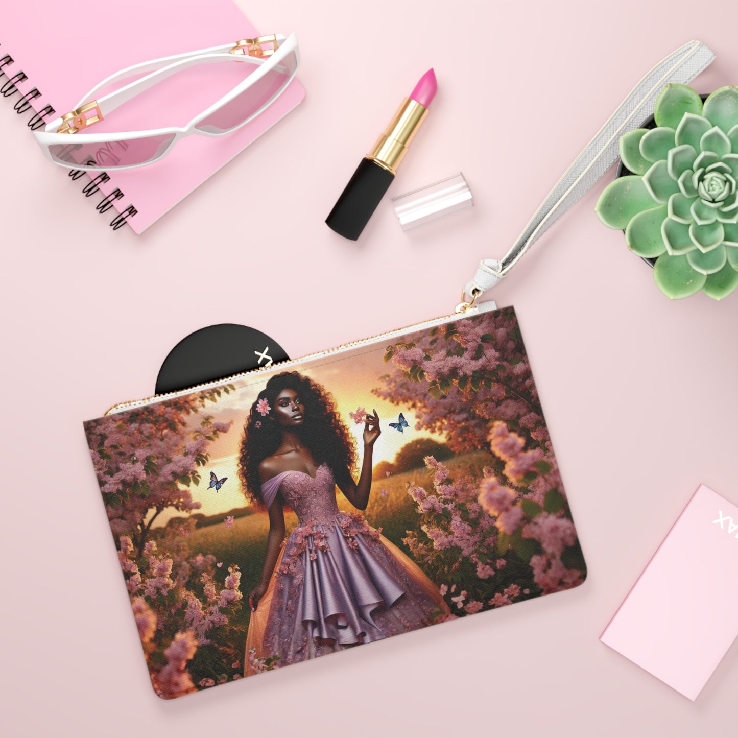 Black Princess in Pink Gown Clutch Bag | Floral Sunset, Butterfly Art