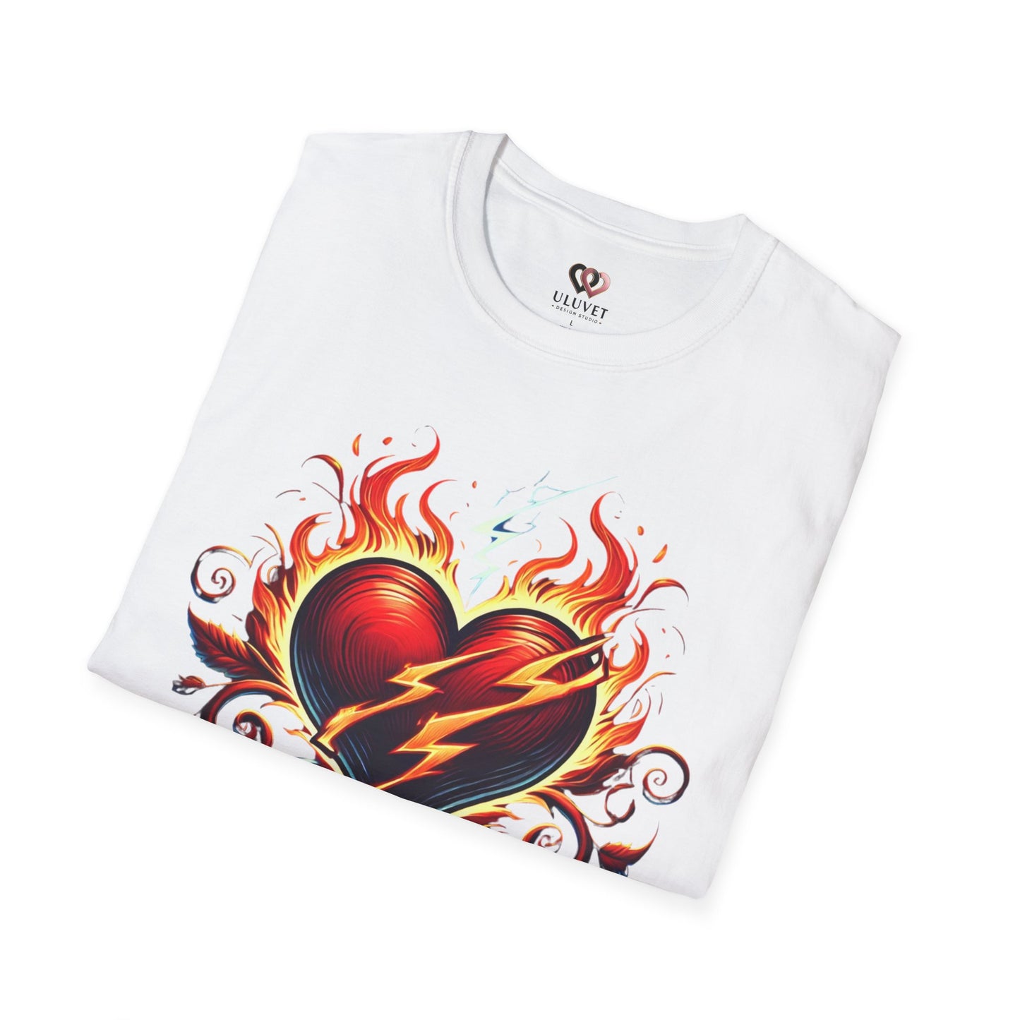 Flaming Heart Unisex Softstyle T-Shirt – Vintage Rock Tee, Gift for Him, Graphic Shirt, Festival Outfit, Casual Wear