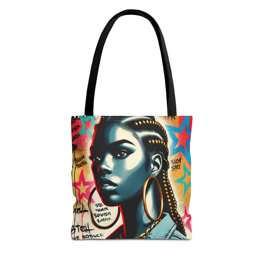 Braided Woman Portrait Tote Bag | Urban Graffiti Art, Colorful Star Background
