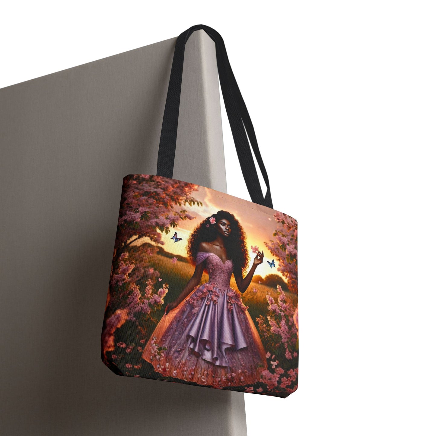 Afro Princess in Lavender Gown Tote Bag | Floral Sunset Butterfly Art