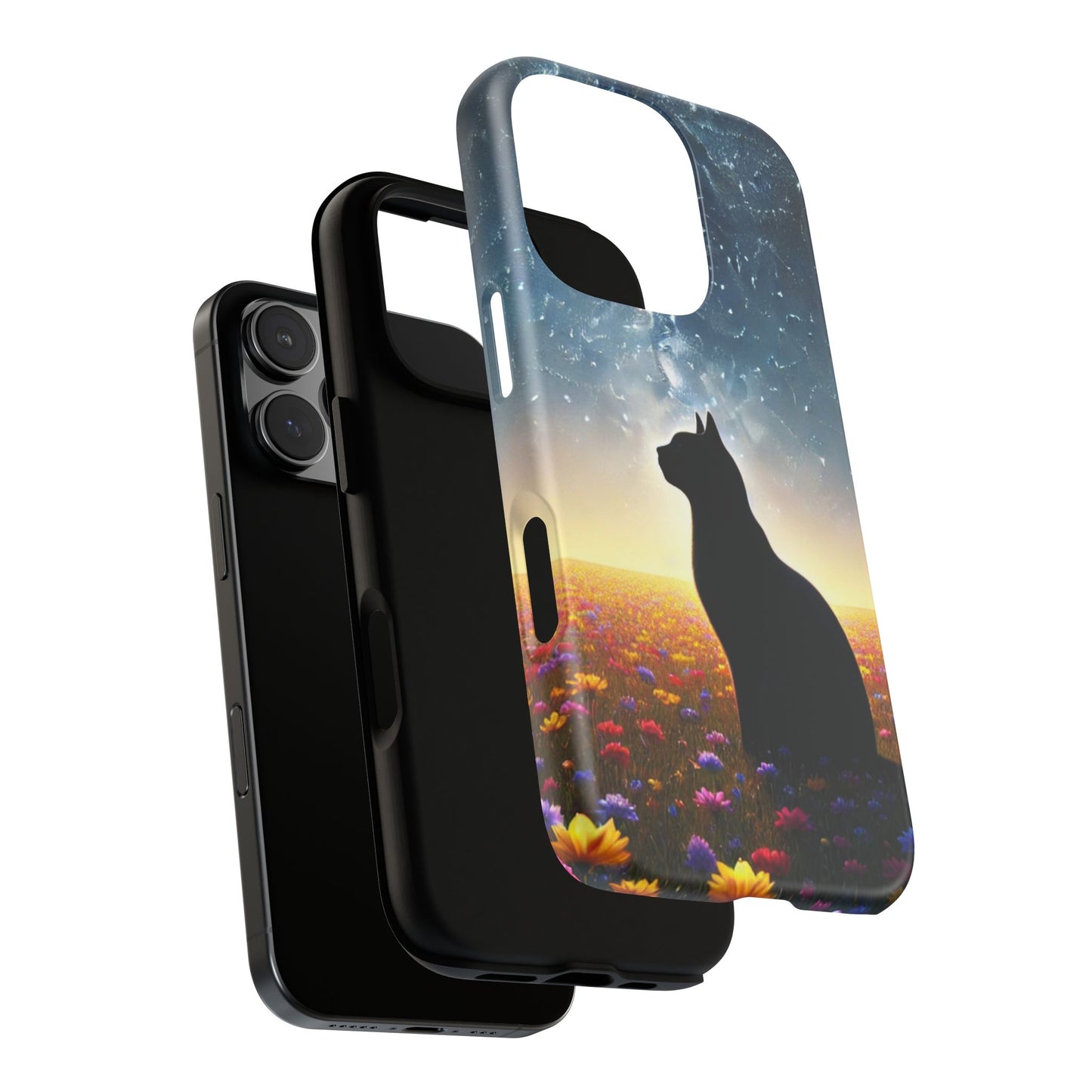 Cat Silhouette Phone Case | Floral Night Sky Design | Unique Gift, Cat Lover, Nature Lover, Birthday, Handmade