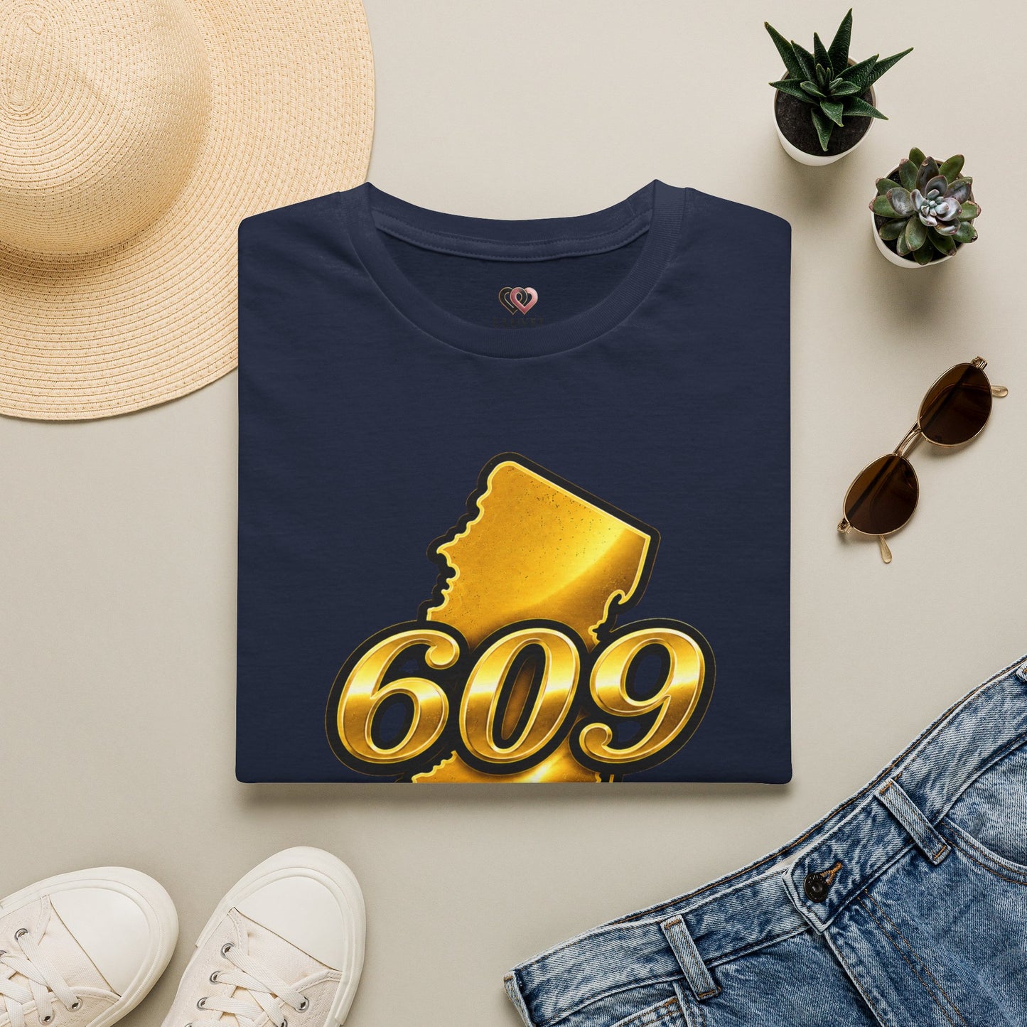 609 New Jersey T-Shirt — Gold State Outline Jersey Area Code Tee