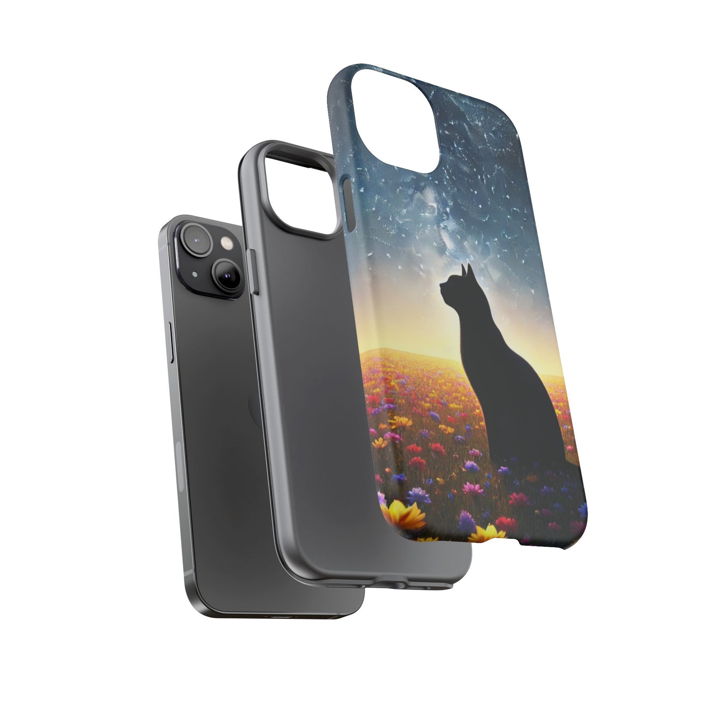 Cat Silhouette Phone Case | Floral Night Sky Design | Unique Gift, Cat Lover, Nature Lover, Birthday, Handmade