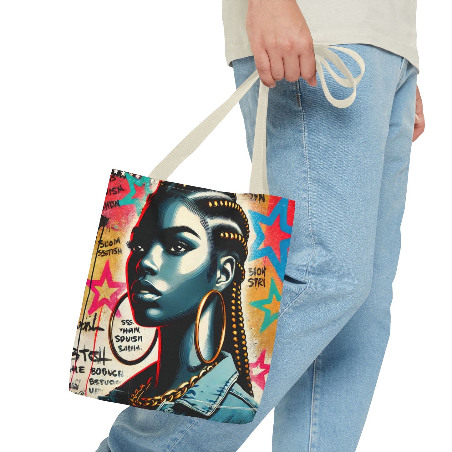 Braided Woman Portrait Tote Bag | Urban Graffiti Art, Colorful Star Background