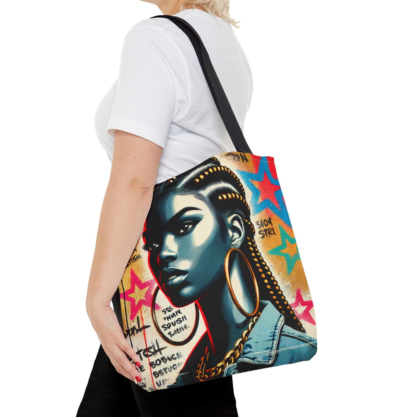 Braided Woman Portrait Tote Bag | Urban Graffiti Art, Colorful Star Background