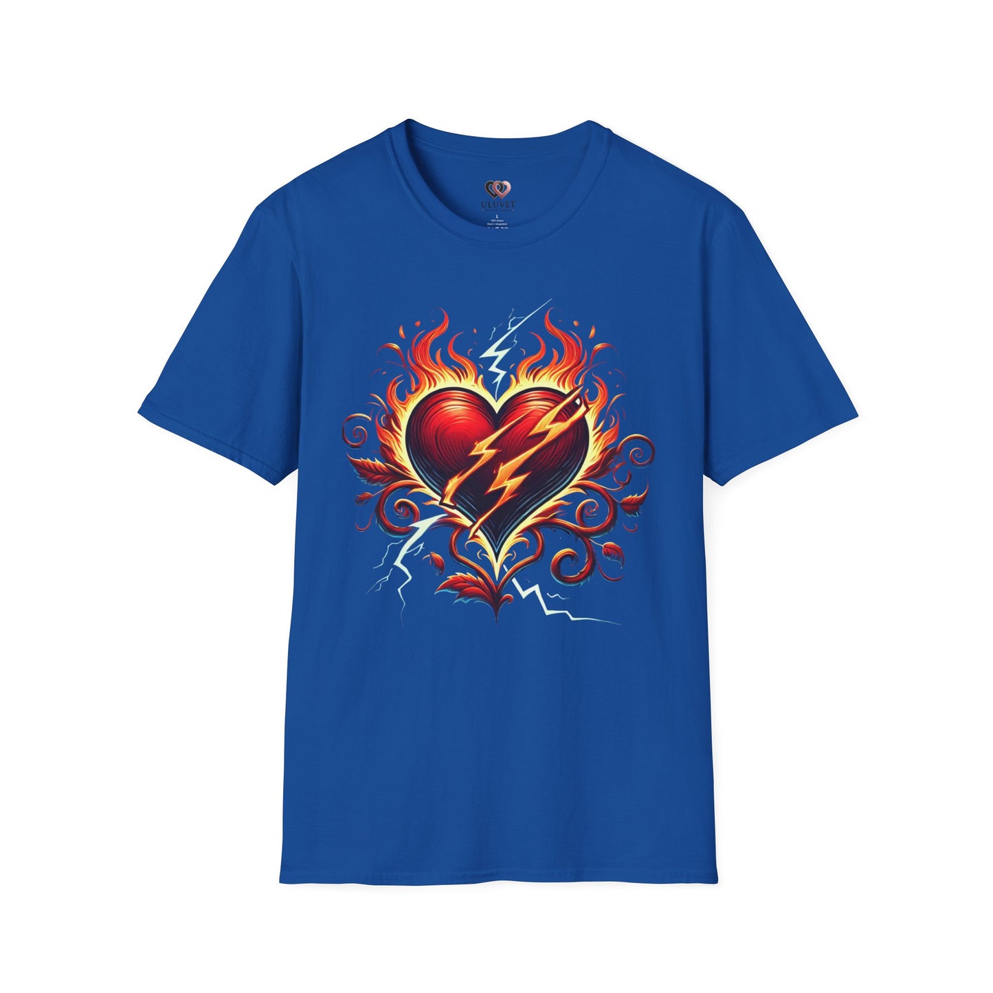 Flaming Heart Unisex Softstyle T-Shirt – Vintage Rock Tee, Gift for Him, Graphic Shirt, Festival Outfit, Casual Wear