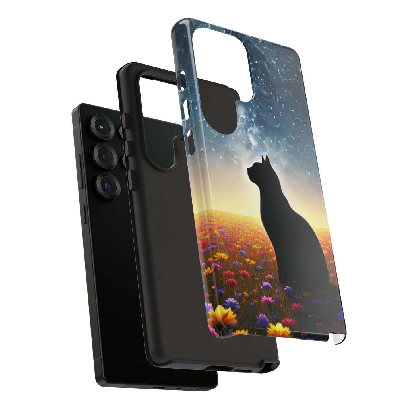 Cat Silhouette Phone Case | Floral Night Sky Design | Unique Gift, Cat Lover, Nature Lover, Birthday, Handmade