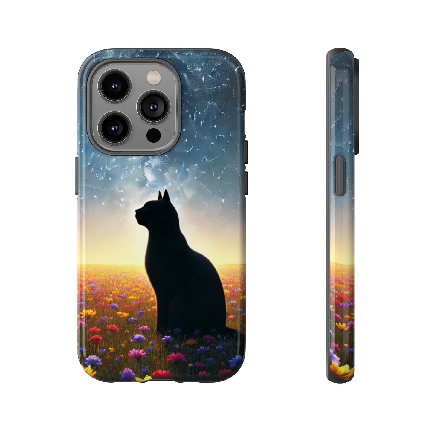 Cat Silhouette Phone Case | Floral Night Sky Design | Unique Gift, Cat Lover, Nature Lover, Birthday, Handmade