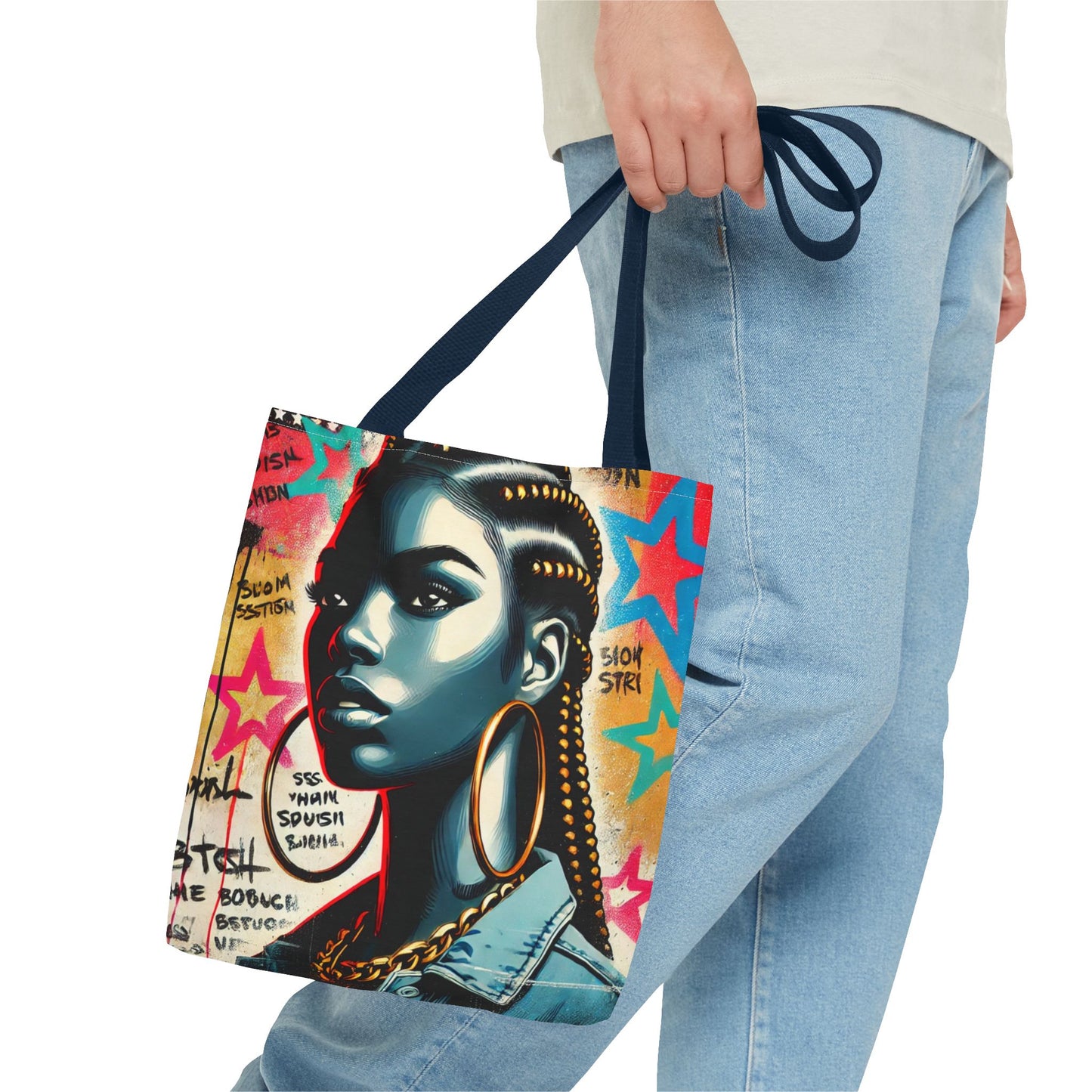 Braided Woman Portrait Tote Bag | Urban Graffiti Art, Colorful Star Background