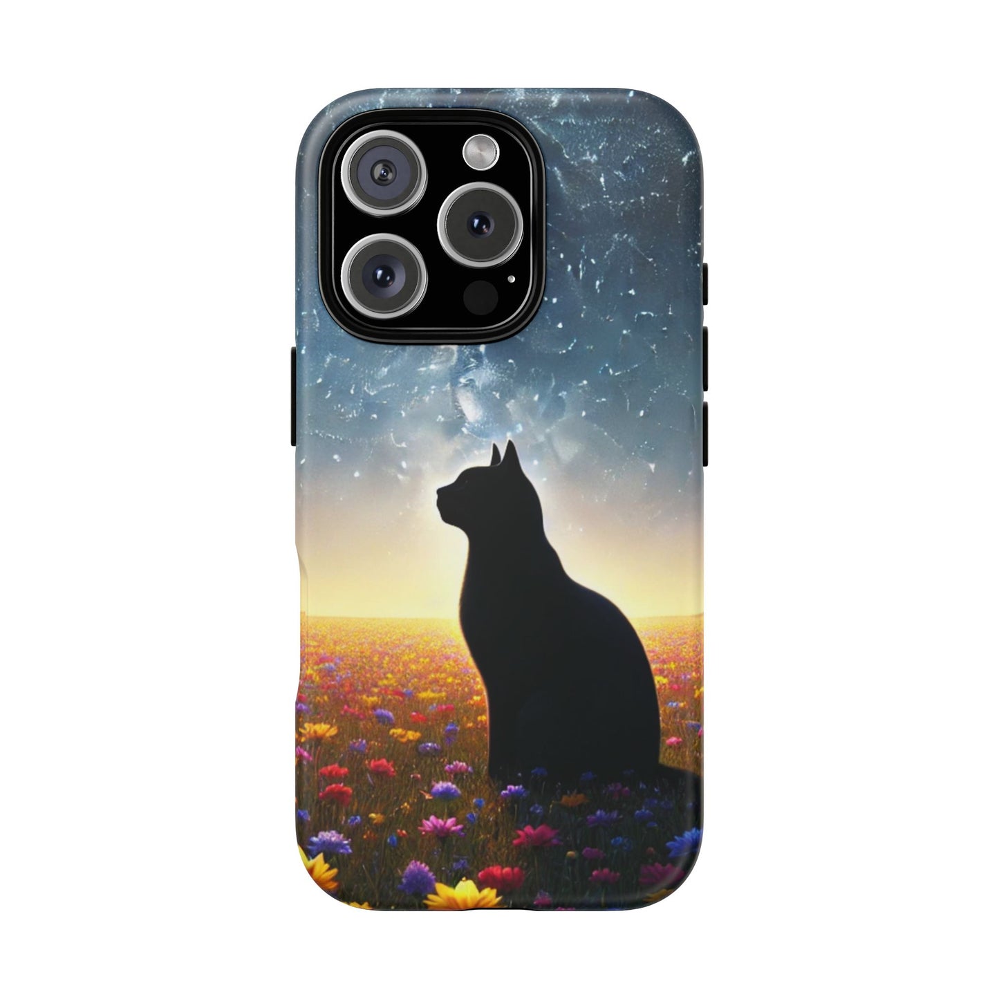 Cat Silhouette Phone Case | Floral Night Sky Design | Unique Gift, Cat Lover, Nature Lover, Birthday, Handmade