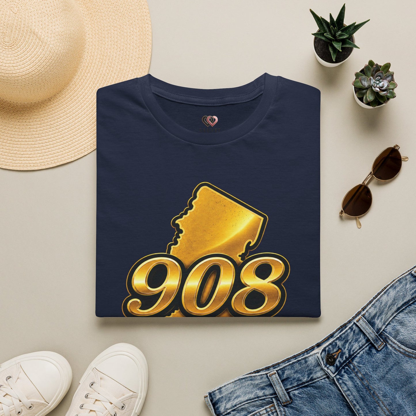 908 New Jersey T-Shirt — Gold State Outline Graphic Tee