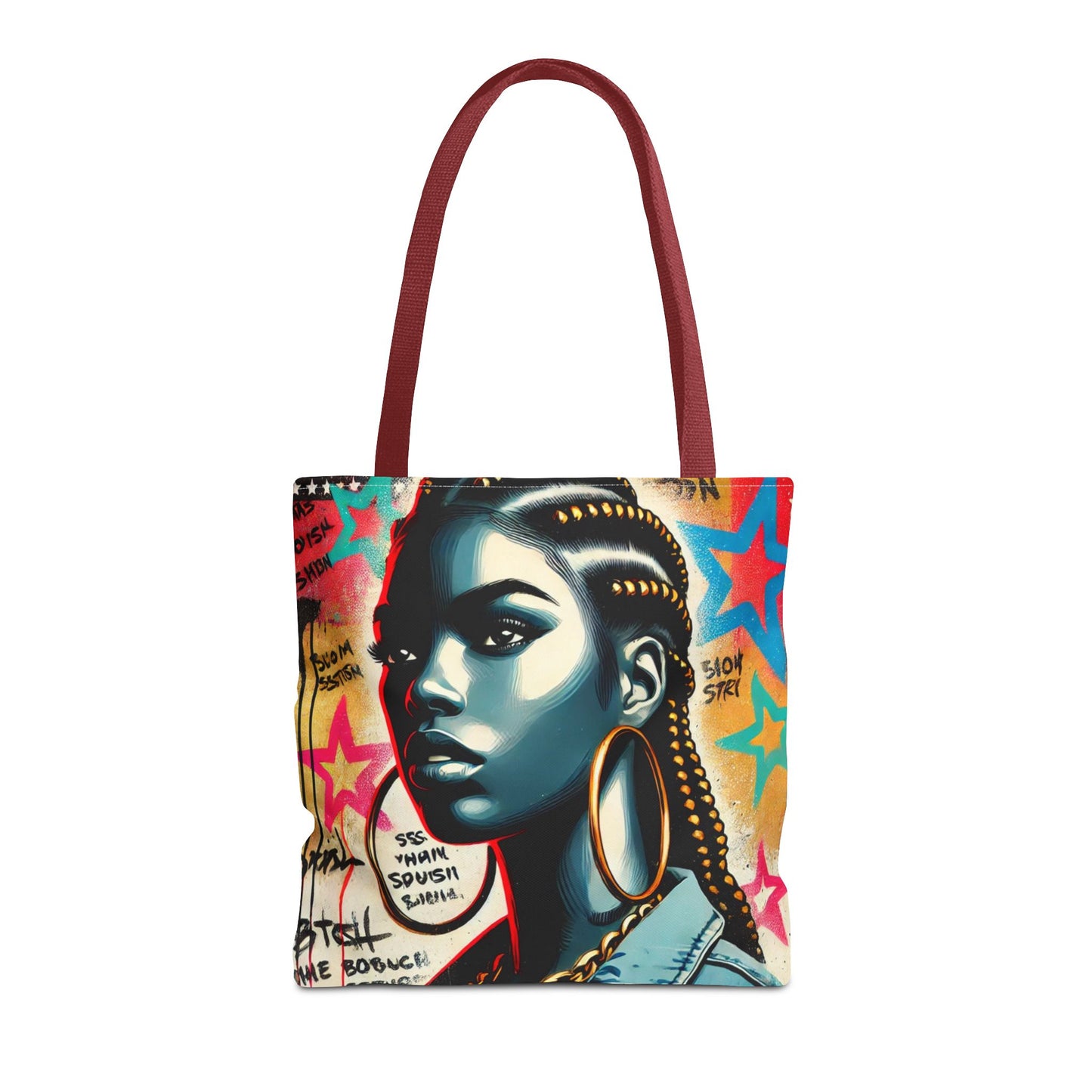 Braided Woman Portrait Tote Bag | Urban Graffiti Art, Colorful Star Background