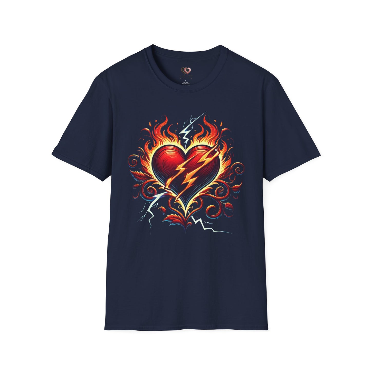 Flaming Heart Unisex Softstyle T-Shirt – Vintage Rock Tee, Gift for Him, Graphic Shirt, Festival Outfit, Casual Wear