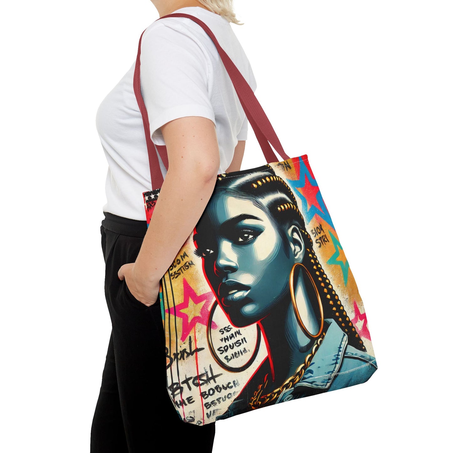 Braided Woman Portrait Tote Bag | Urban Graffiti Art, Colorful Star Background