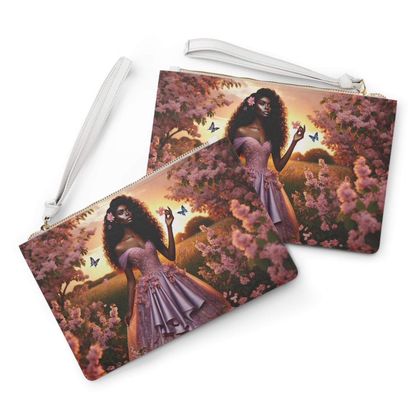 Black Princess in Pink Gown Clutch Bag | Floral Sunset, Butterfly Art