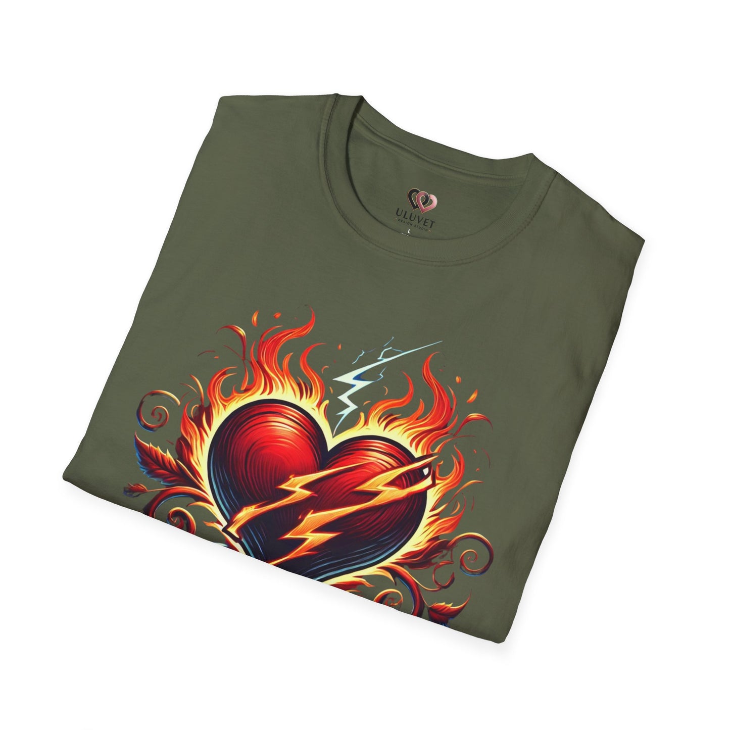 Flaming Heart Unisex Softstyle T-Shirt – Vintage Rock Tee, Gift for Him, Graphic Shirt, Festival Outfit, Casual Wear