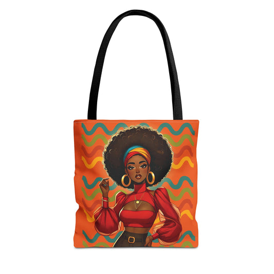 Afro Diva Fashion Tote Bag — Bold Retro Orange Art Print