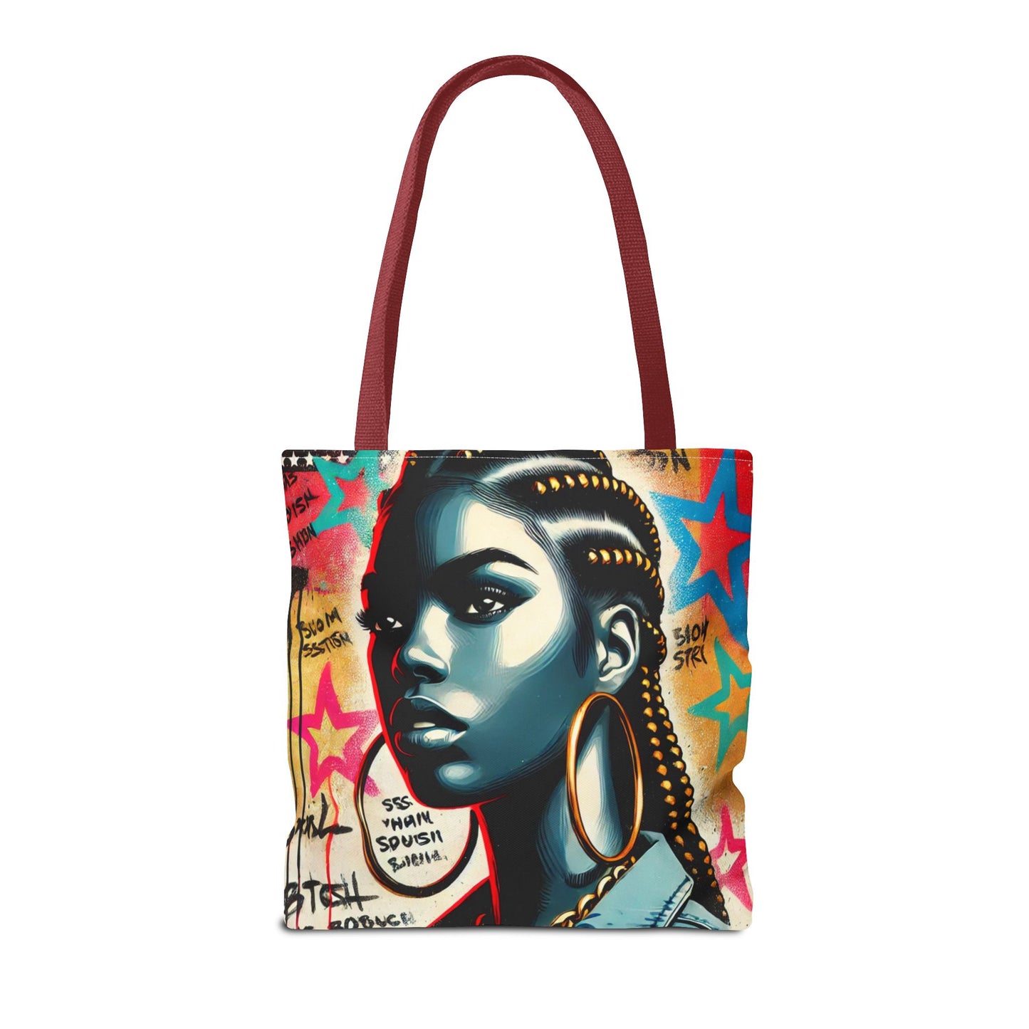 Braided Woman Portrait Tote Bag | Urban Graffiti Art, Colorful Star Background