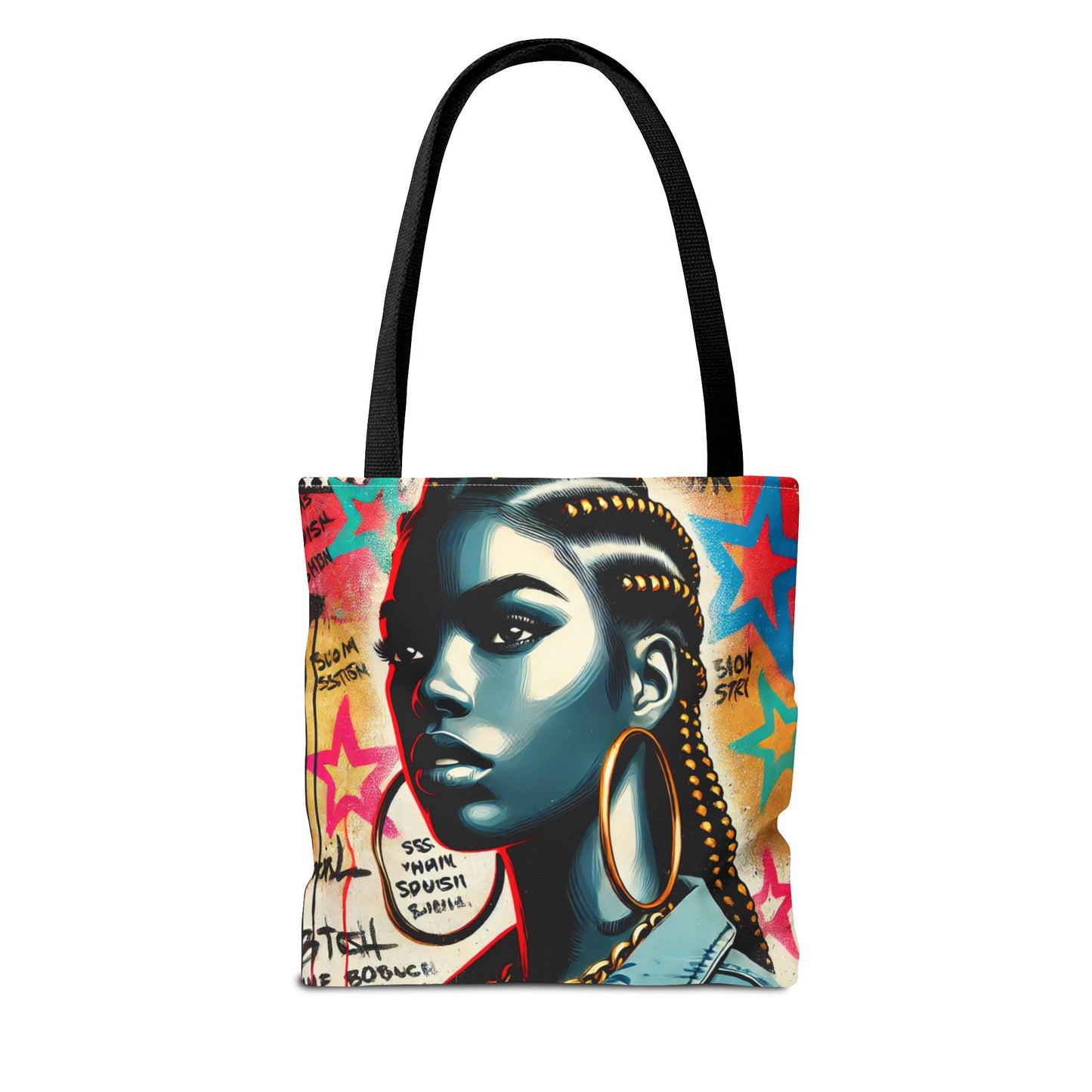 Braided Woman Portrait Tote Bag | Urban Graffiti Art, Colorful Star Background