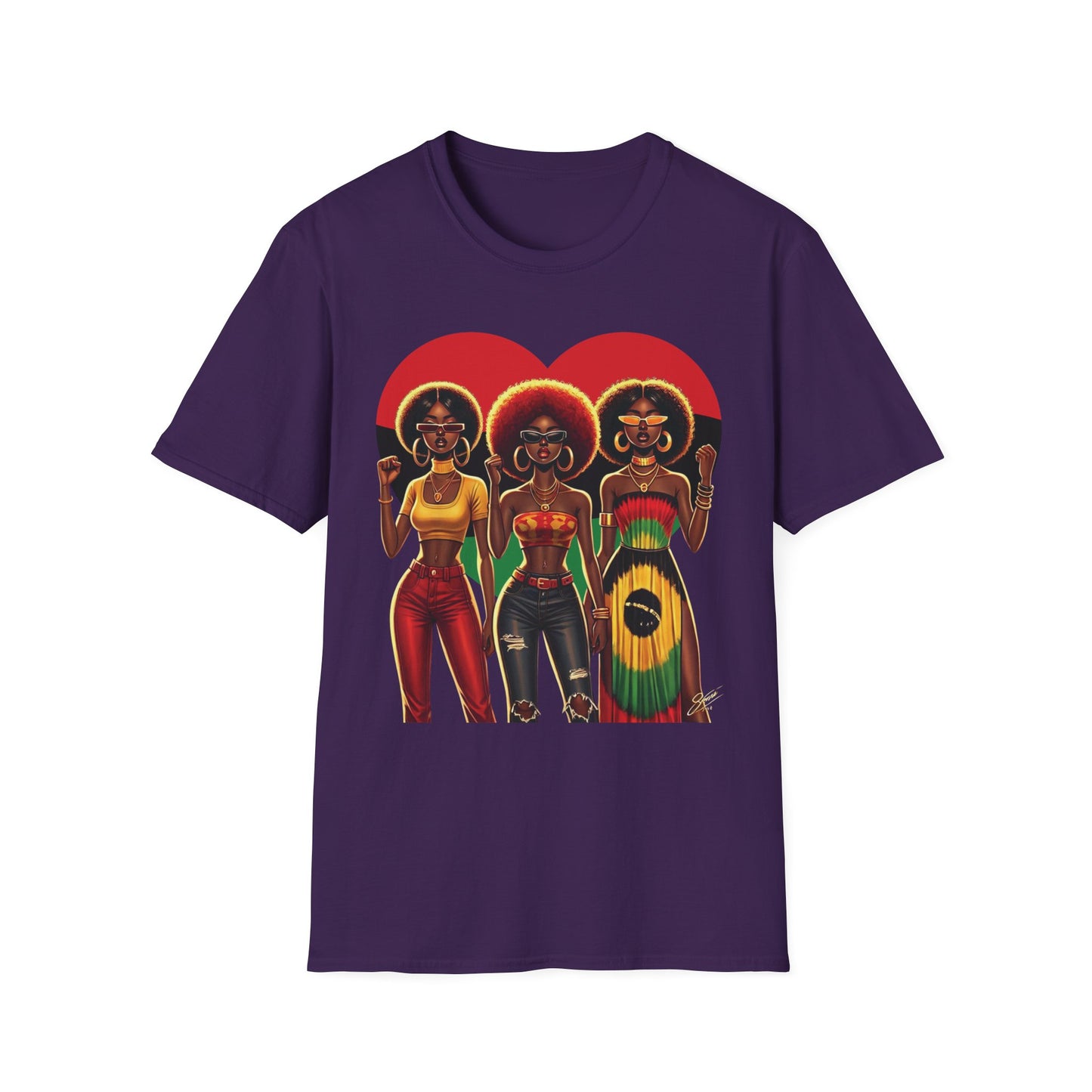 Black Queen Sisters Graphic T-Shirt – Afrocentric Pride, Red-Gold-Green Heart Design