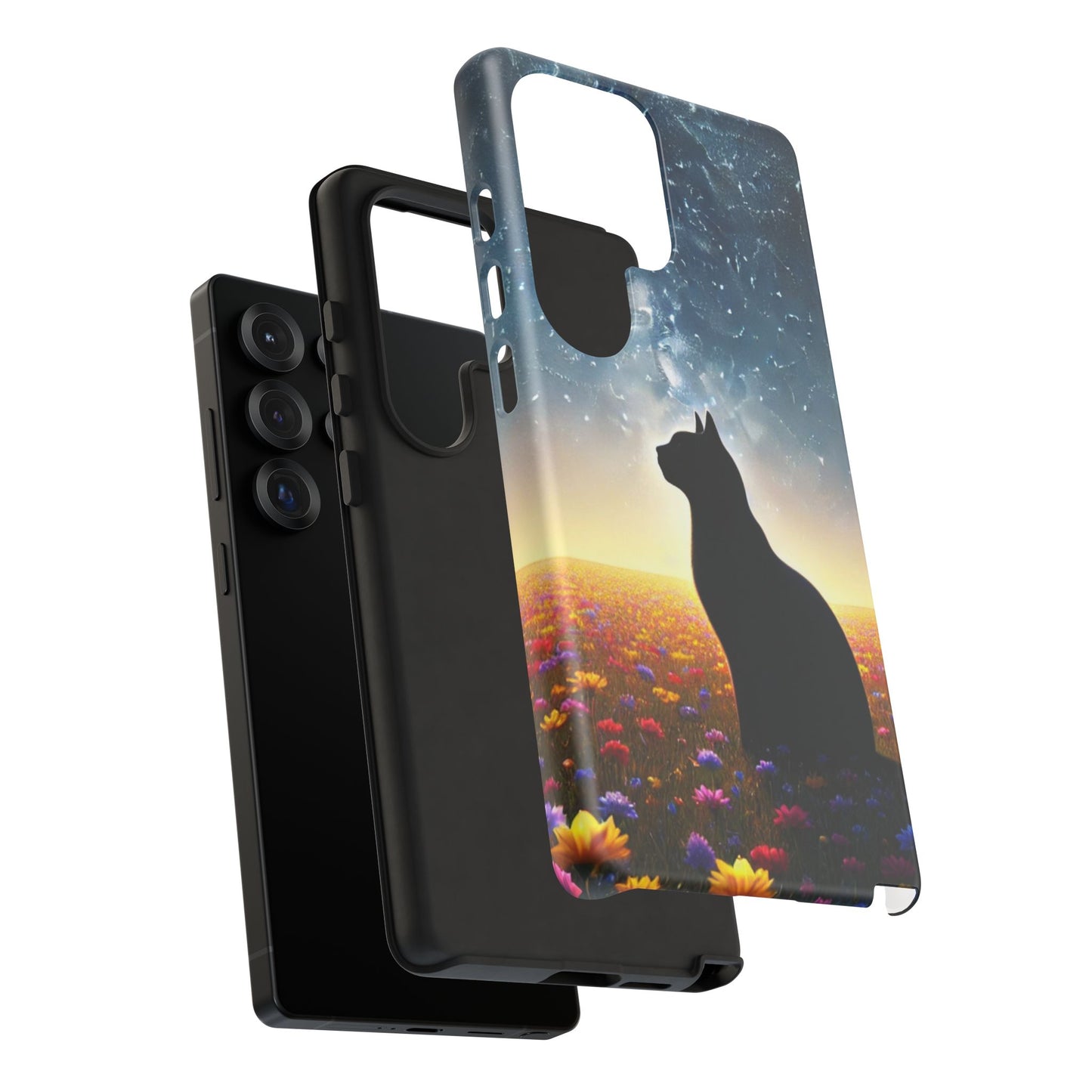 Cat Silhouette Phone Case | Floral Night Sky Design | Unique Gift, Cat Lover, Nature Lover, Birthday, Handmade